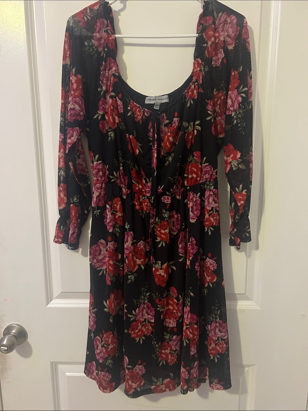 Absolutely Famous Black Floral Long Sleeve Midi Dress with Red & Pink Blooms